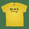 a yellow shirt with black text