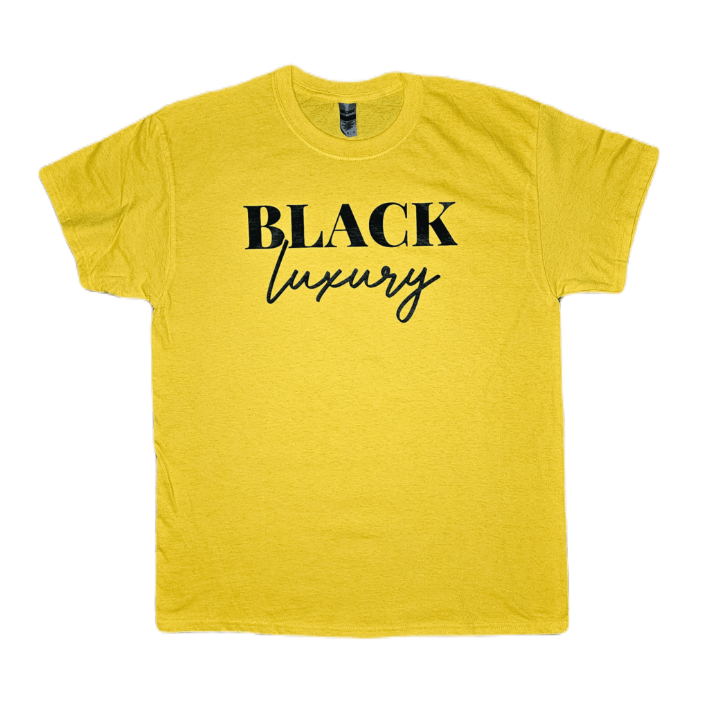 a yellow shirt with black text