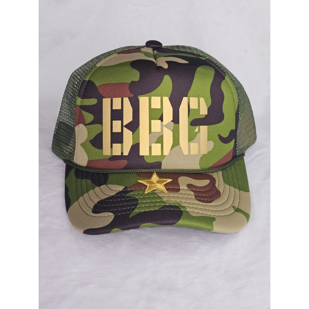 BBG Green Camoflauge Trucker Hat (Gold Star Edition) a camouflage hat with a star on it