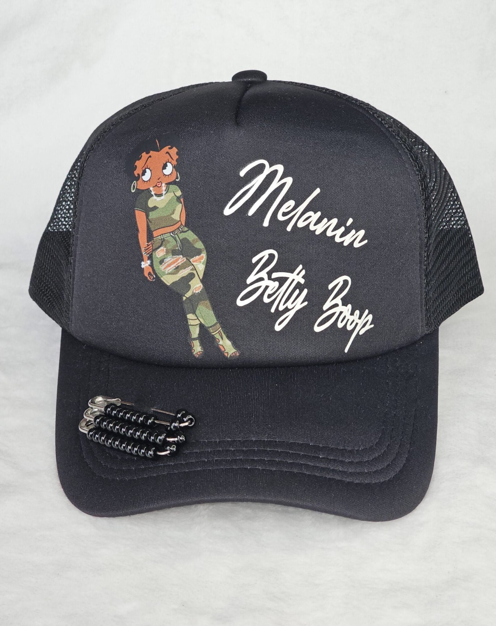 Bougie Boss Gear Melanin Camo Betty Boop Black Trucker Hat scaled