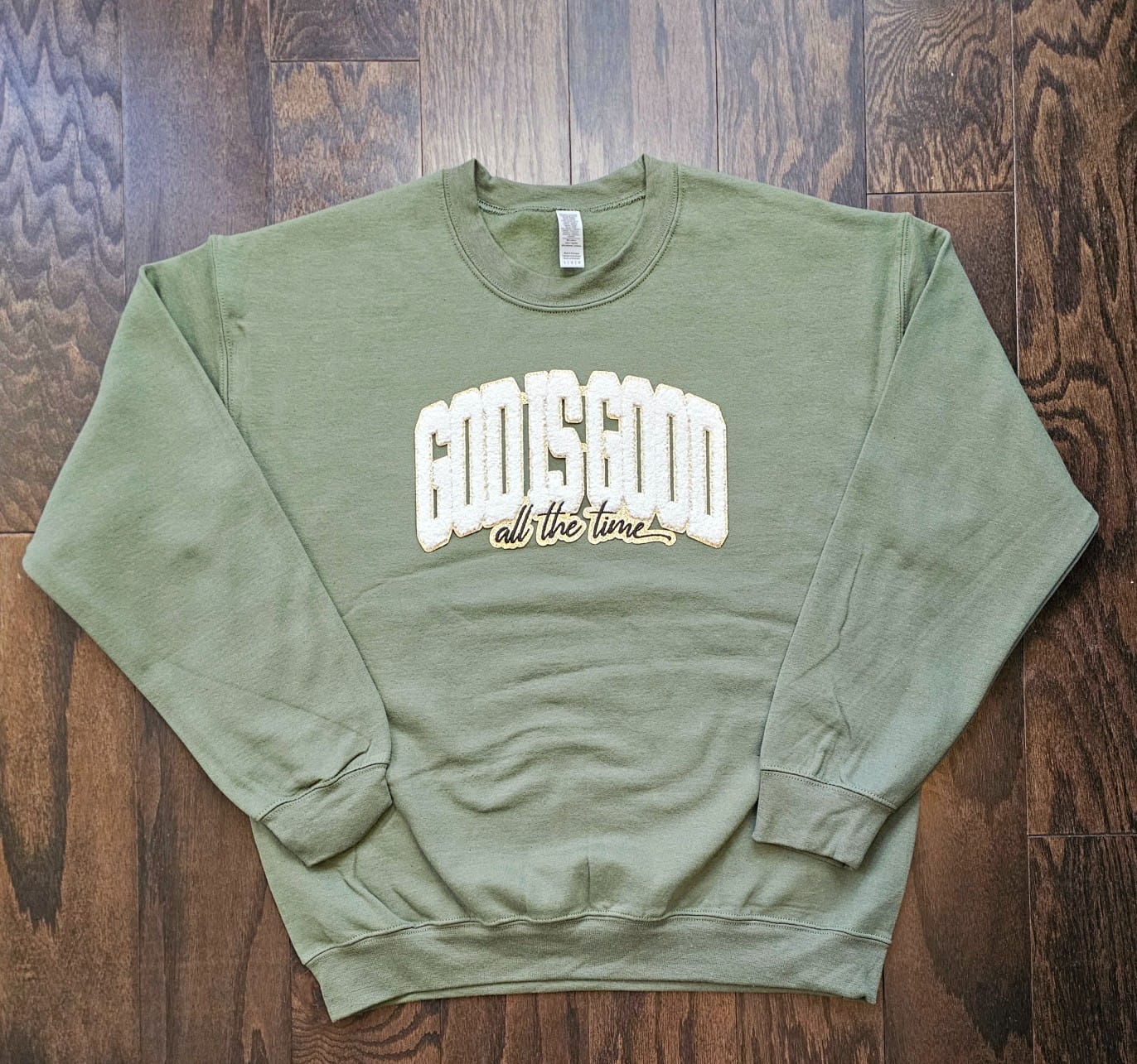 Bougie Boss Gear God is Good All The Time Chenille Patch Military Green Sweatshirt