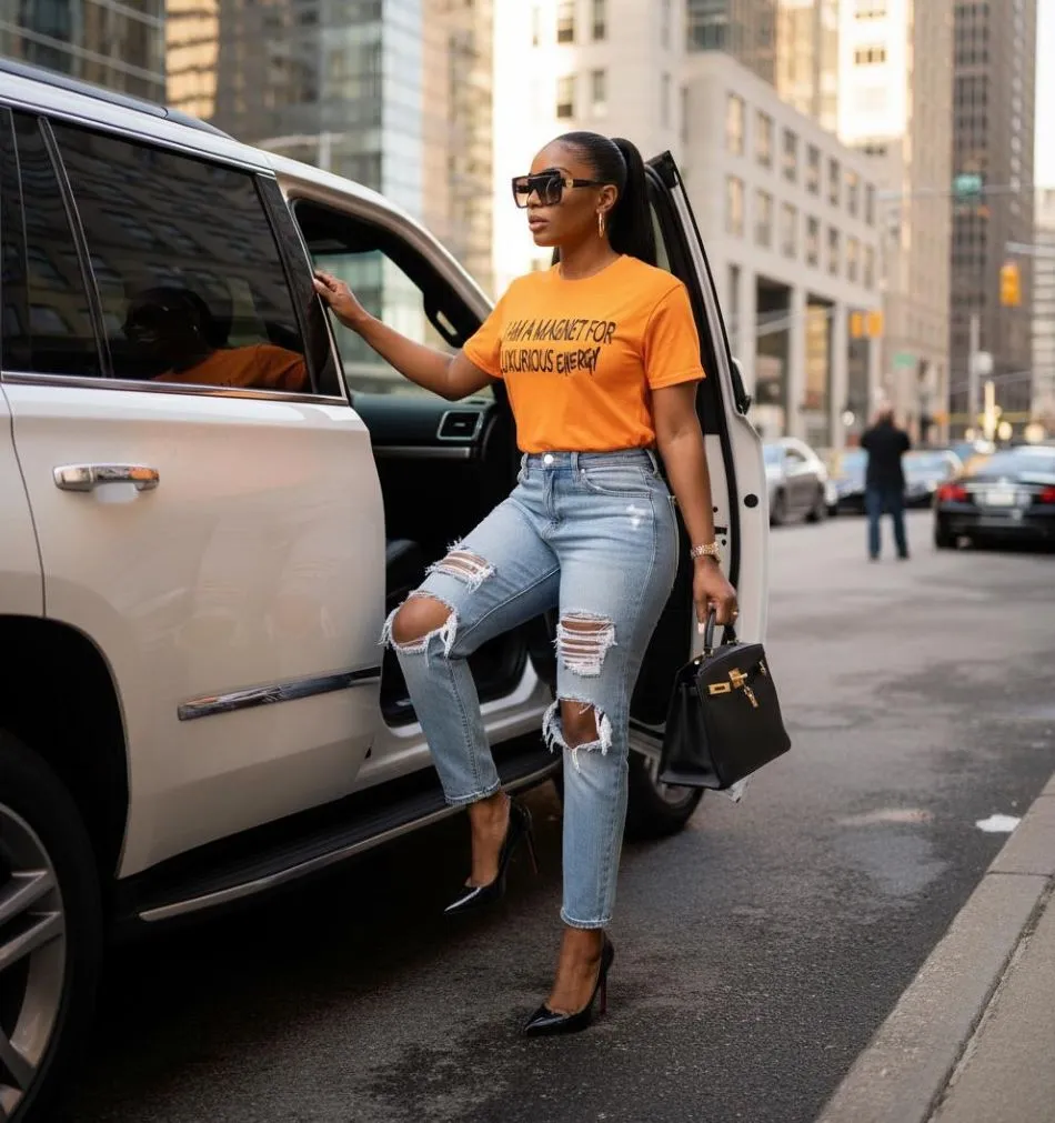 I Am a Magnet for Luxurious Energy T-Shirt 1 Bougie Boss Gear I am a Magnet for Luxury Energy Yellow Shirt Model Mock Up 2