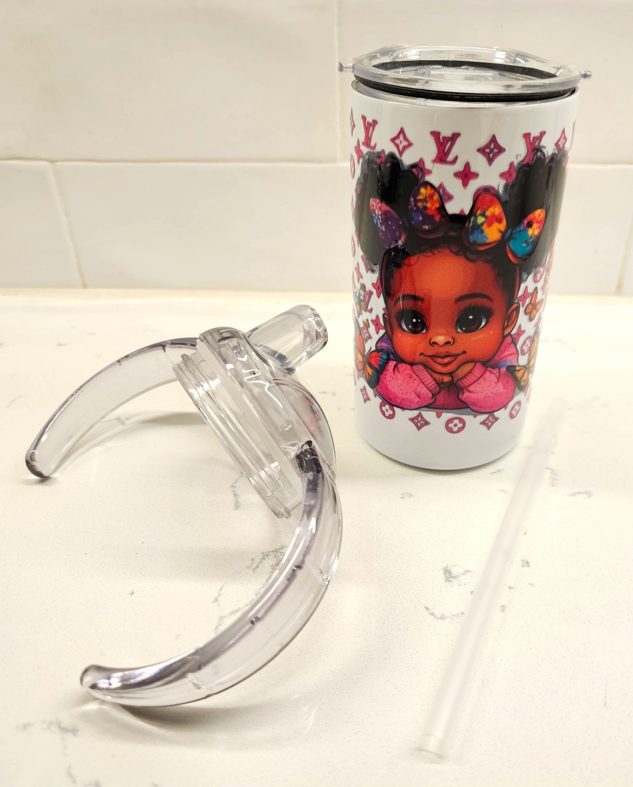 Baby Girl with Butterflies Dual Lid Sippy Cup Mock Up