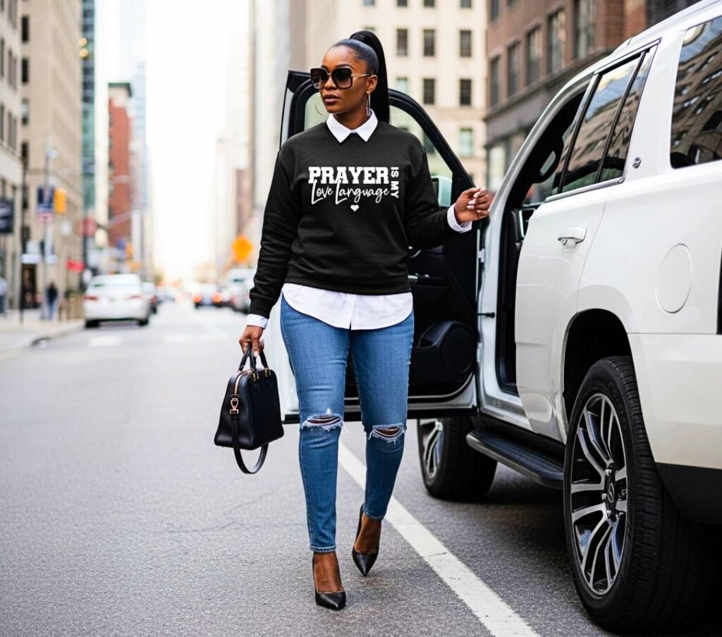 Prayer is My Love Language Black Sweatshirt-White Letters Mock Up