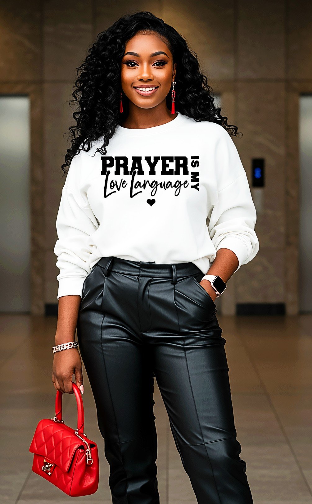 Prayer is My Love Language White Sweatshirt Mock Up-Black letters