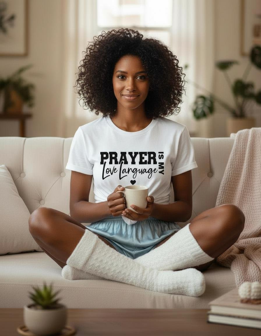 Prayer is My Love Language T-Shirt 1 Bougie Boss Gear Prayer is My Love Language White T Shirt Model