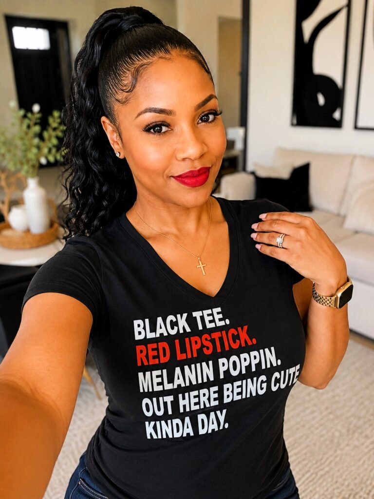 Black Tee Red Lipstick V-Neck T-Shirt